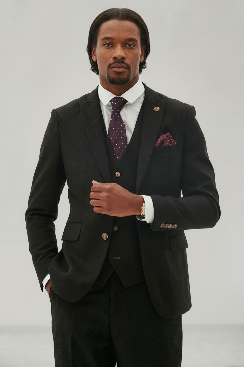 Max - Black Three Piece Suit With Contrast Buttons