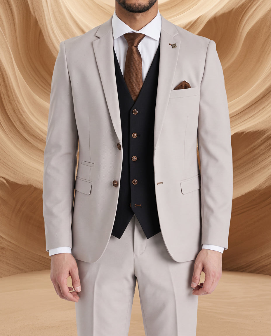 Mayfair Stone Textured Suit With Black Waistcoat