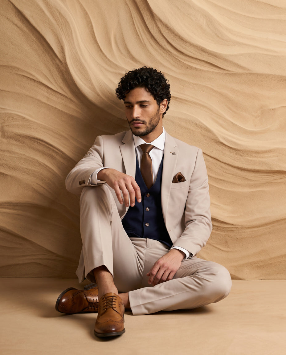 Mayfair Stone Textured Suit With Navy Waistcoat