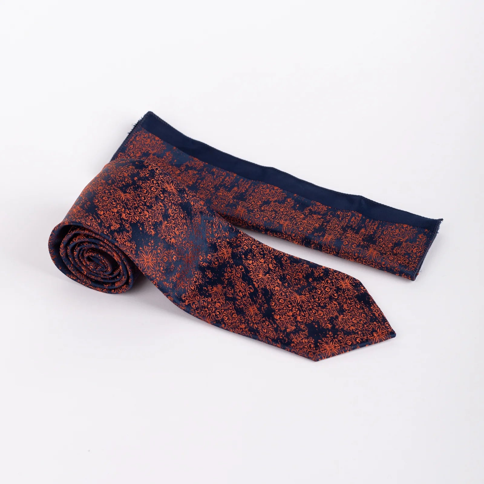 Floral - Tie & Pocket Square Set in Navy & Orange