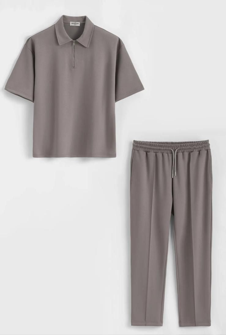 Esquires Quarter Zip Polo and Trousers set -  Brown