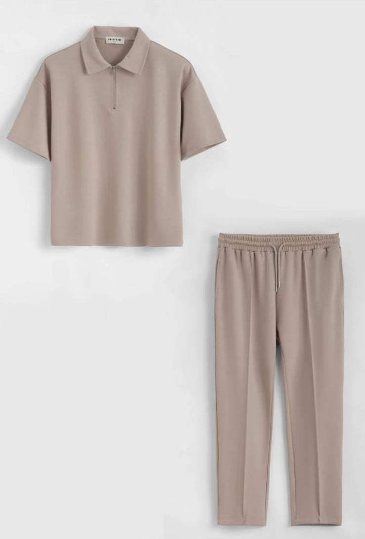 Esquires Quarter Zip Polo and Trousers set -  Beige