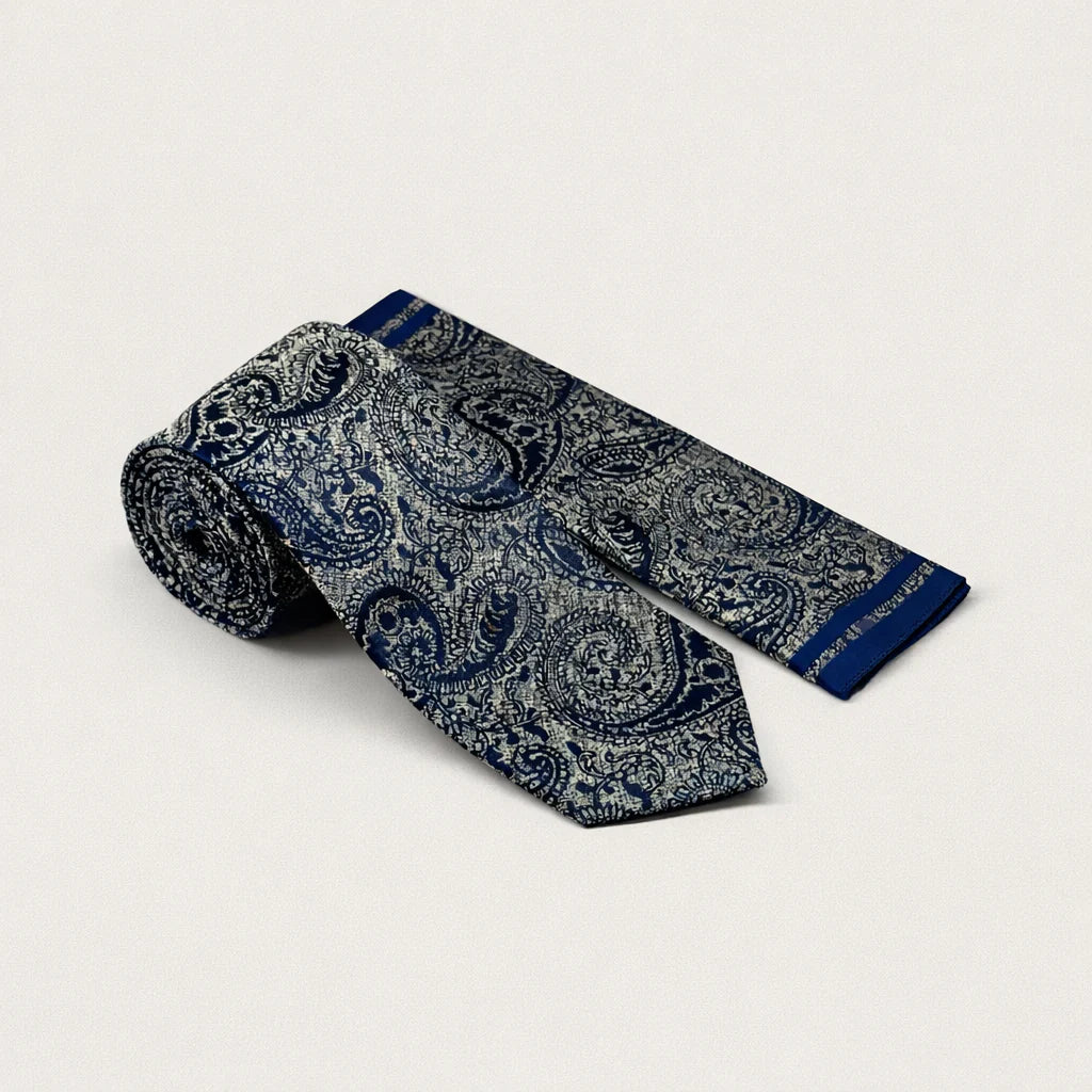 Paisley Lux - Tie & Pocket Square Set in Grey Navy