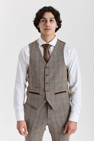 Harris - Brown Herringbone Tweed Check Waistcoat