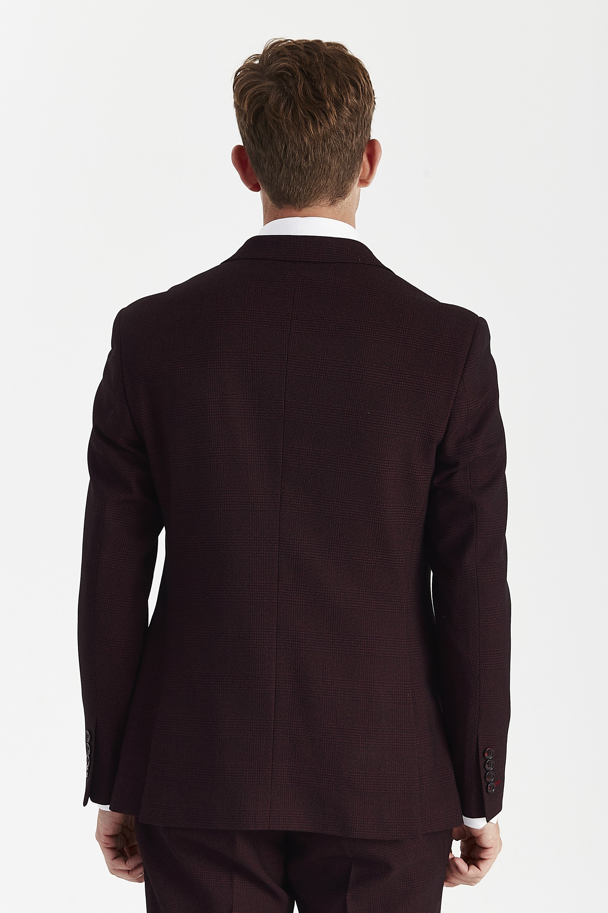 Regent Wine double breasted suit - check and suede detail