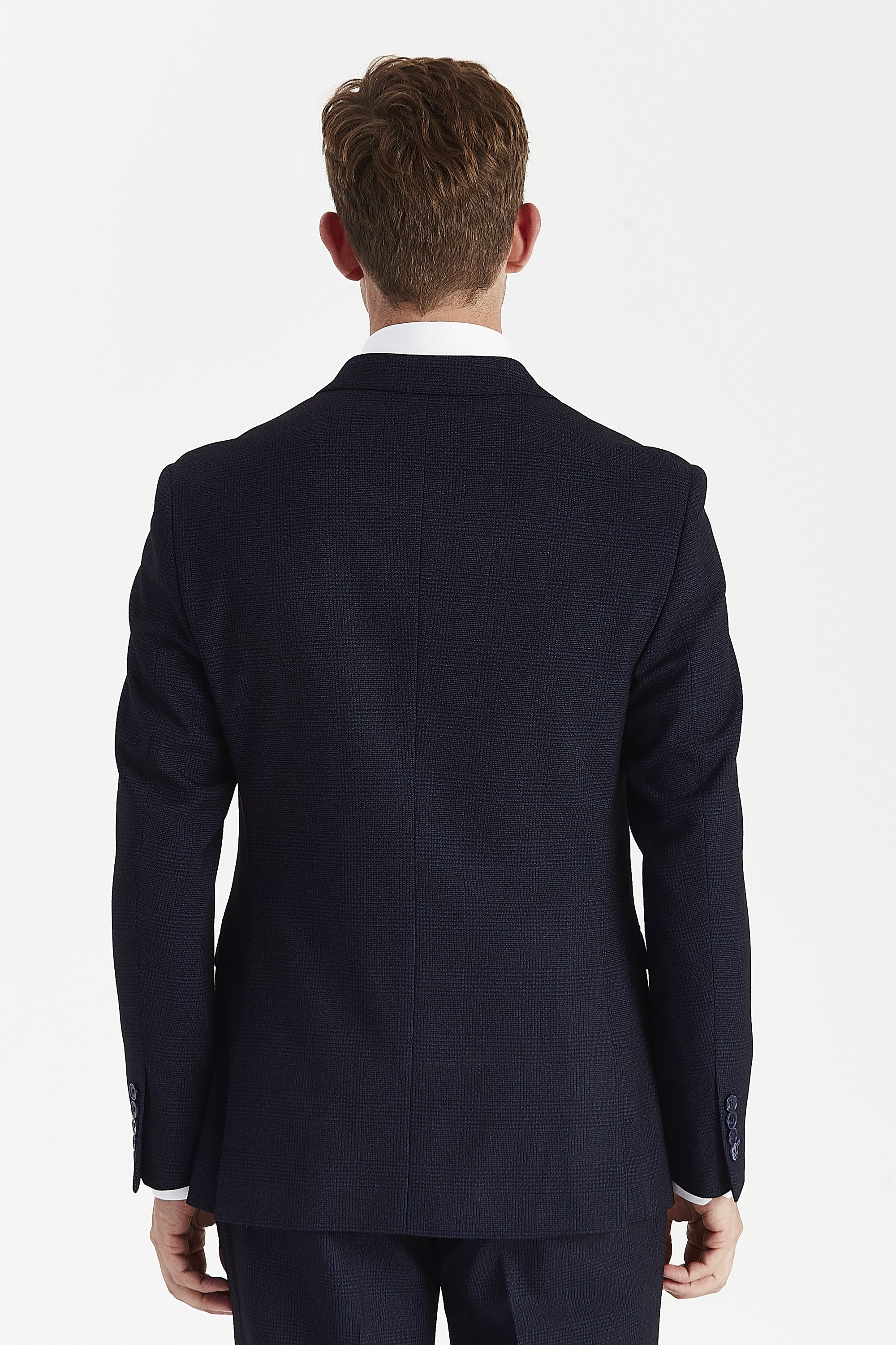 Regent Navy double breasted suit - check and suede detail