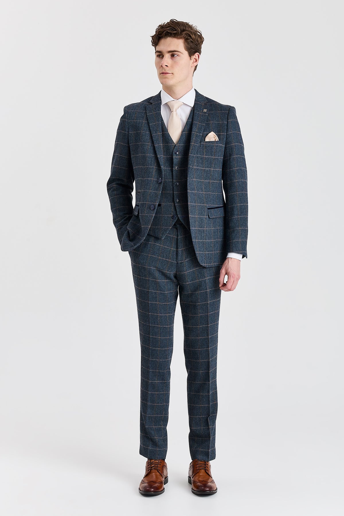 Harris - Navy Herringbone Tweed Check Three Piece Suit
