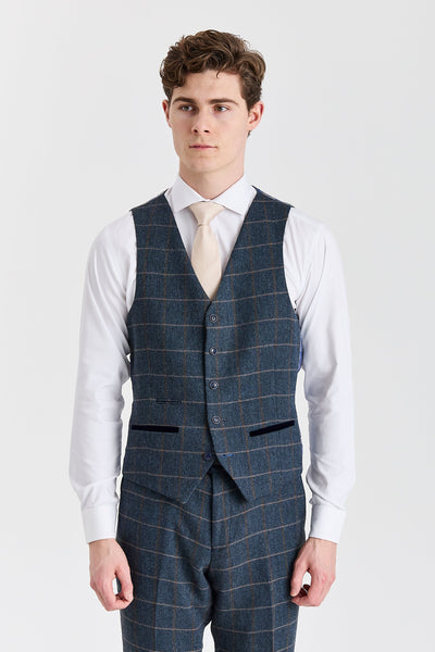 Harris - Men's Navy Herringbone Tweed Check Waistcoat