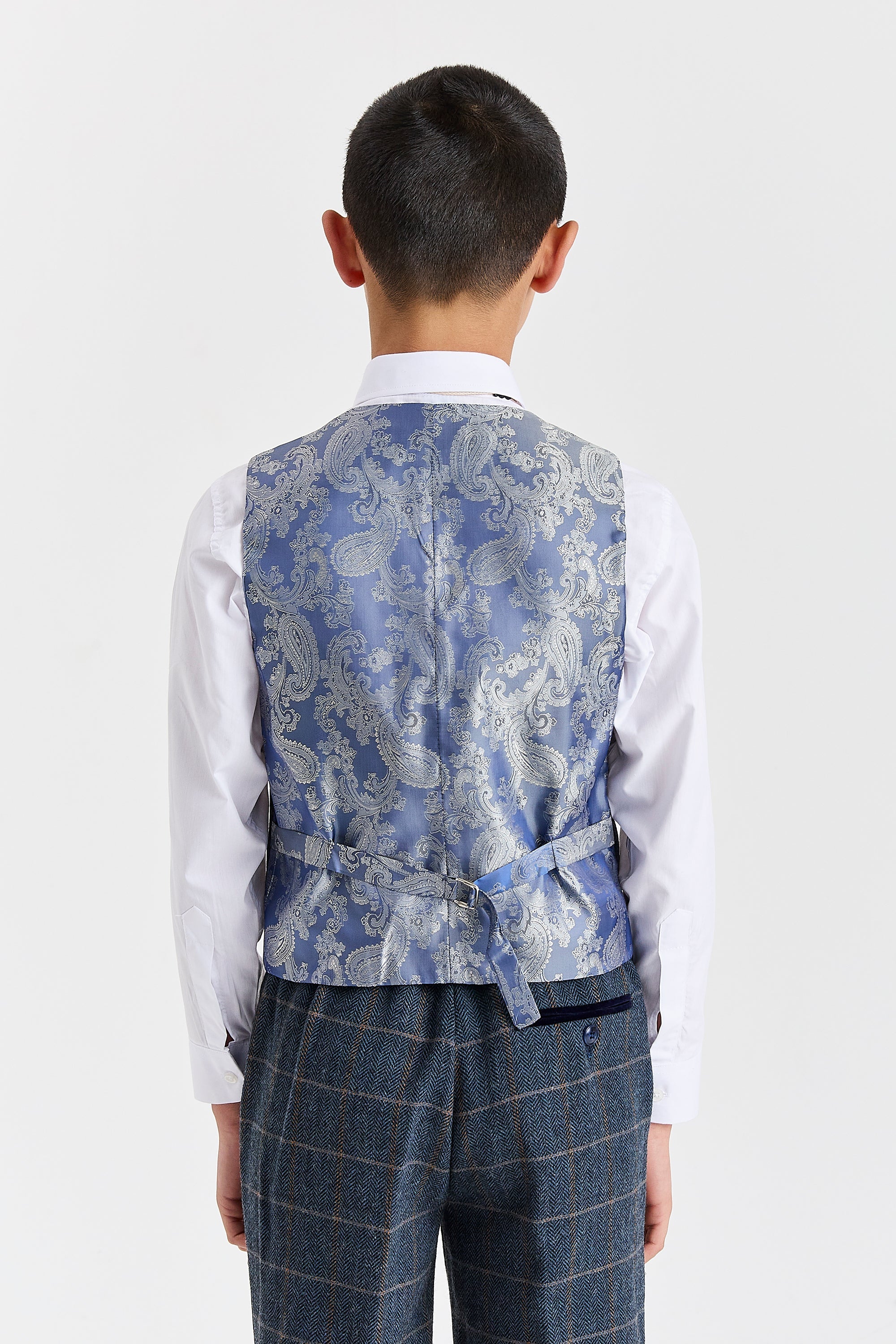 Boy's Harris Navy tweed three piece suit - herringbone detail