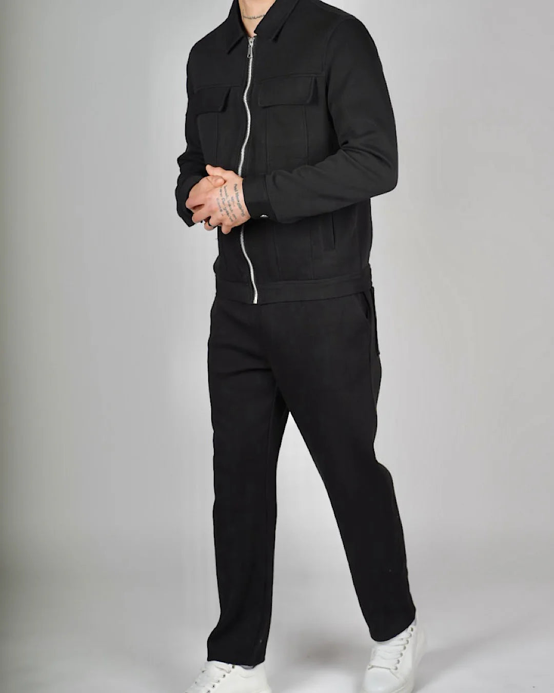Black Zip Utility Jacket & Trouser Set