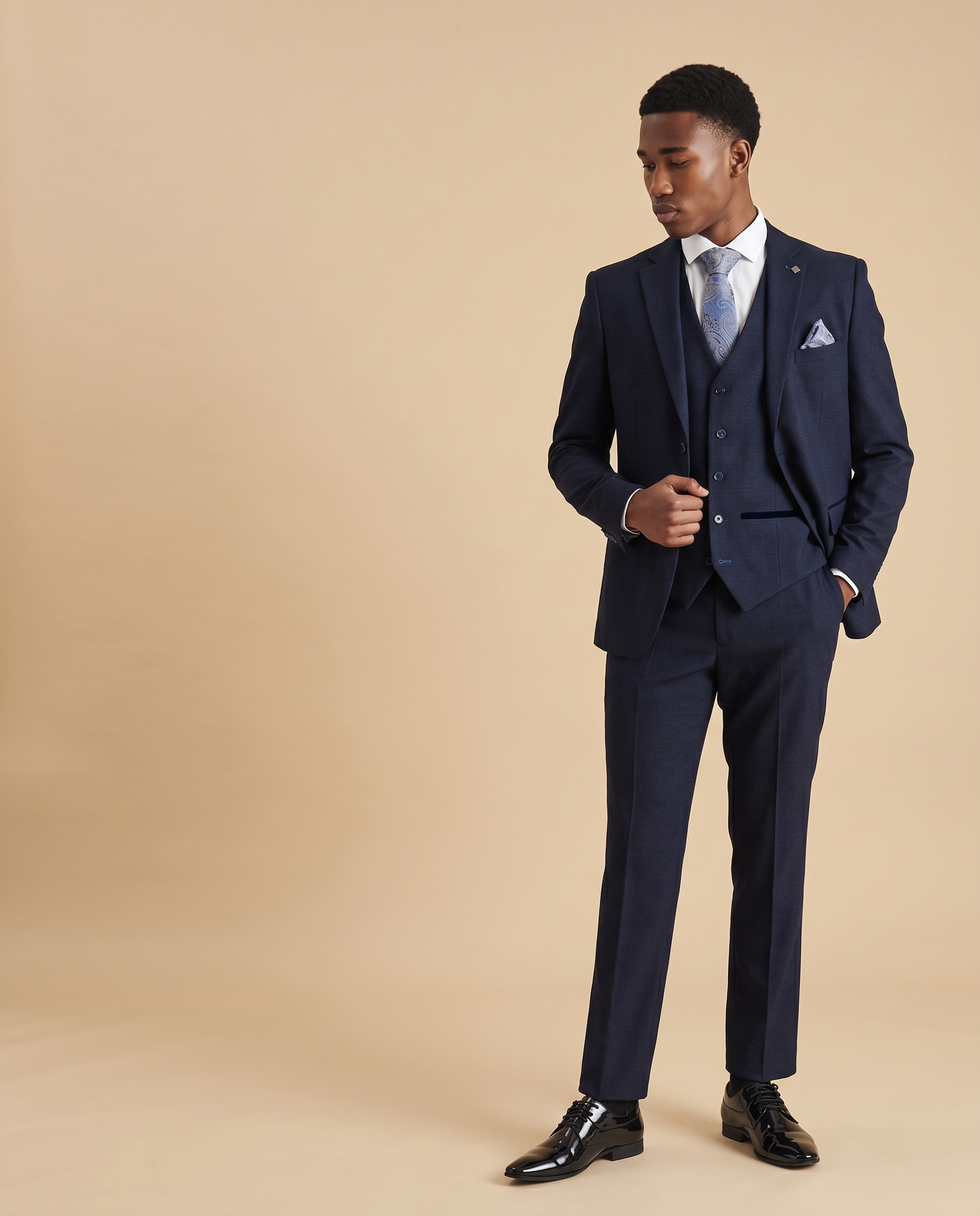 Regent Navy Check Three Piece Prom Suit