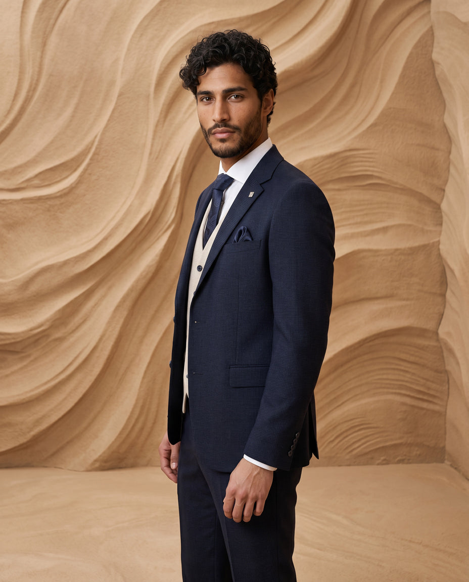 Regent Navy Check Suit with Regent Cream Waistcoat