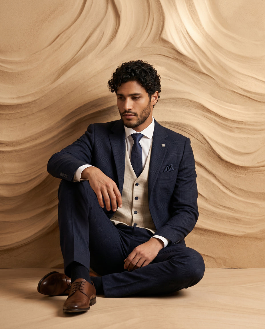 Regent Navy Check Suit with Regent Cream Waistcoat