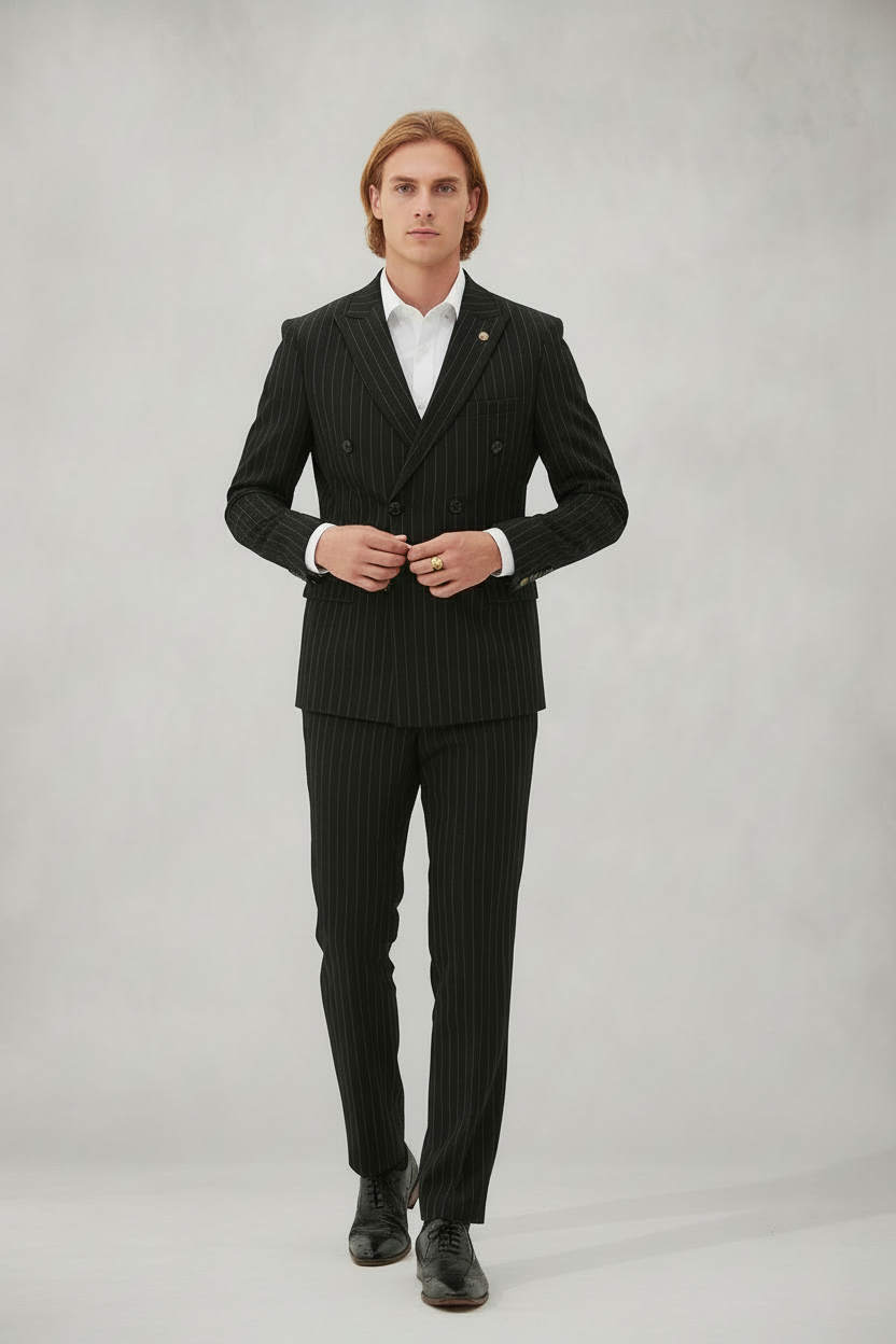 Rocco - Black Pinstripe Double Breasted Two Piece Suit