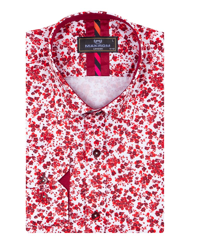 Red Floral Design Print Men's Shirt