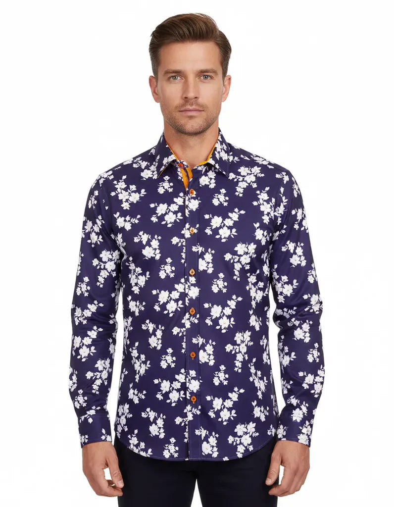 Dark Blue Floral Print Men's Shirt