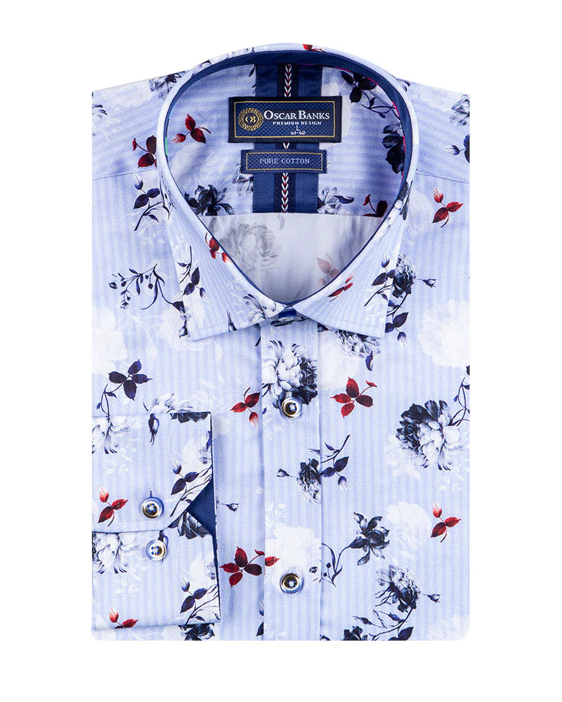 Blue Stripe Floral Print Men's Shirt with Matching Handkerchief