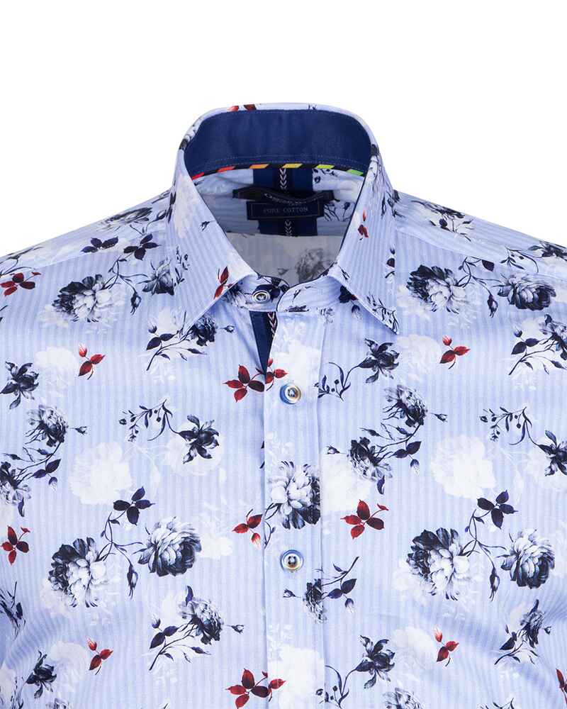 Blue Stripe Floral Print Men's Shirt with Matching Handkerchief