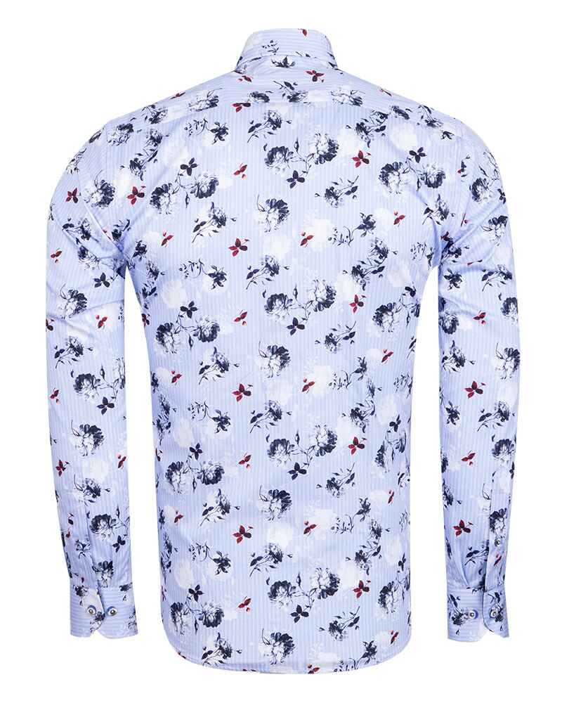 Blue Stripe Floral Print Men's Shirt with Matching Handkerchief