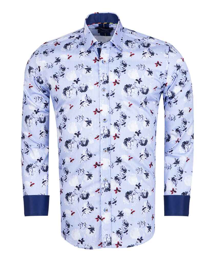 Blue Stripe Floral Print Men's Shirt with Matching Handkerchief