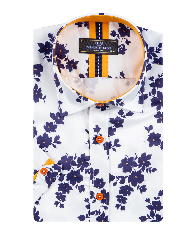 White Floral Print Short Sleeve Shirt