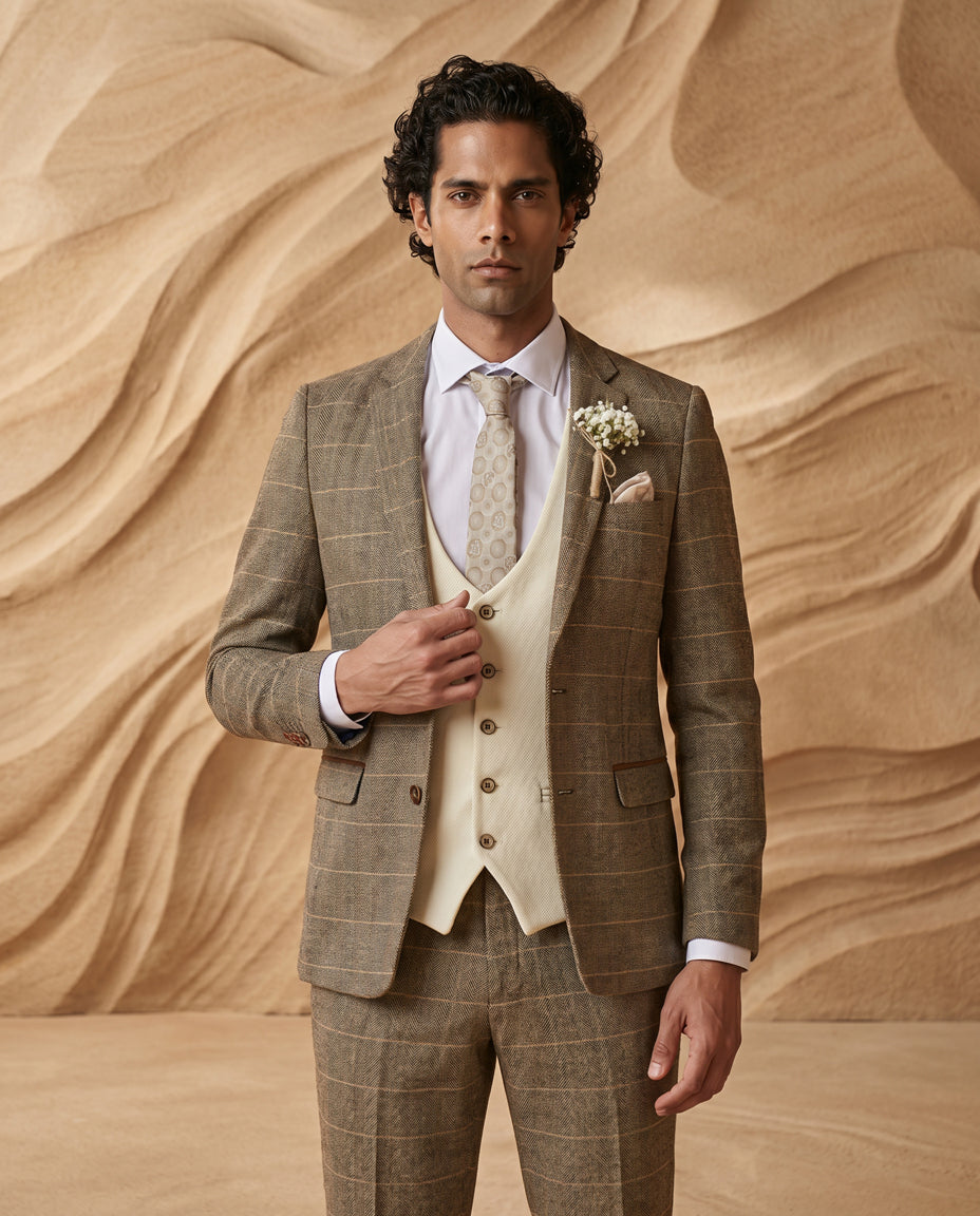 TED - Tan Tweed Check Suit with Kelvin Cream Waistcoat