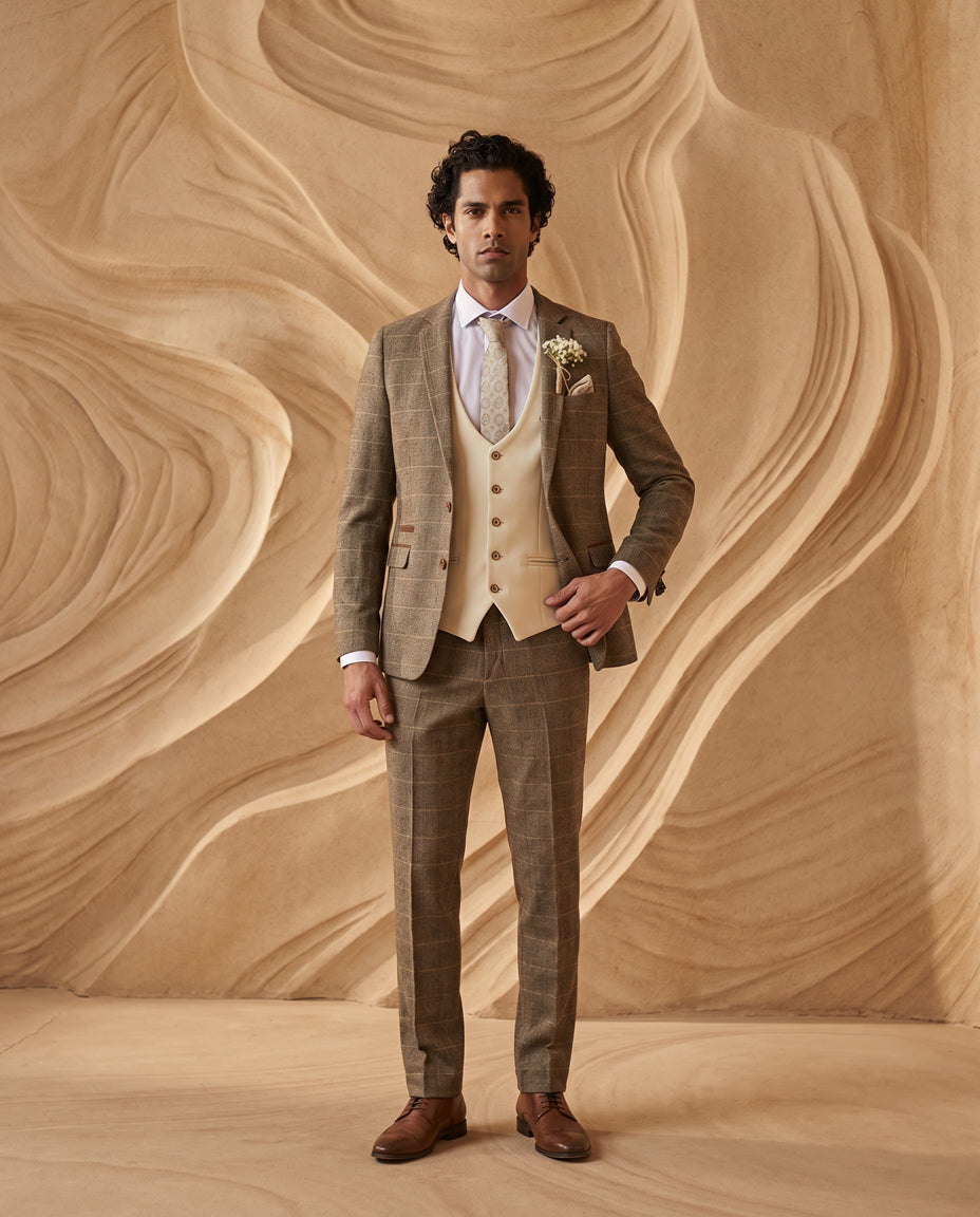 TED - Tan Tweed Check Suit with Kelvin Cream Waistcoat