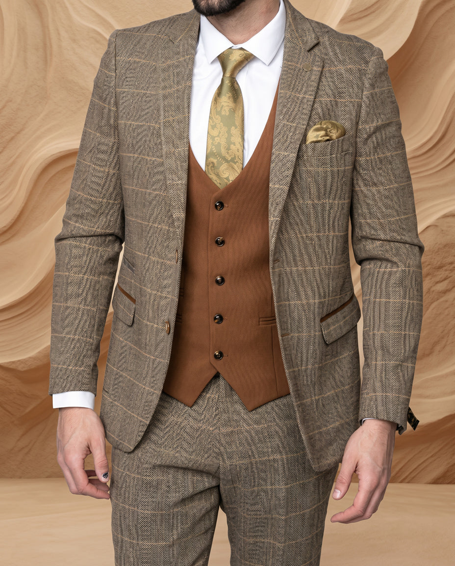 TED - Tan Tweed Check Suit with Kelvin Tan Waistcoat