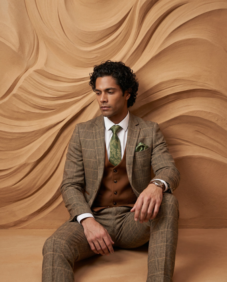 TED - Tan Tweed Check Suit with Kelvin Tan Waistcoat