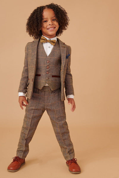 Ted - Boys Tan Tweed Check Three Piece Suit