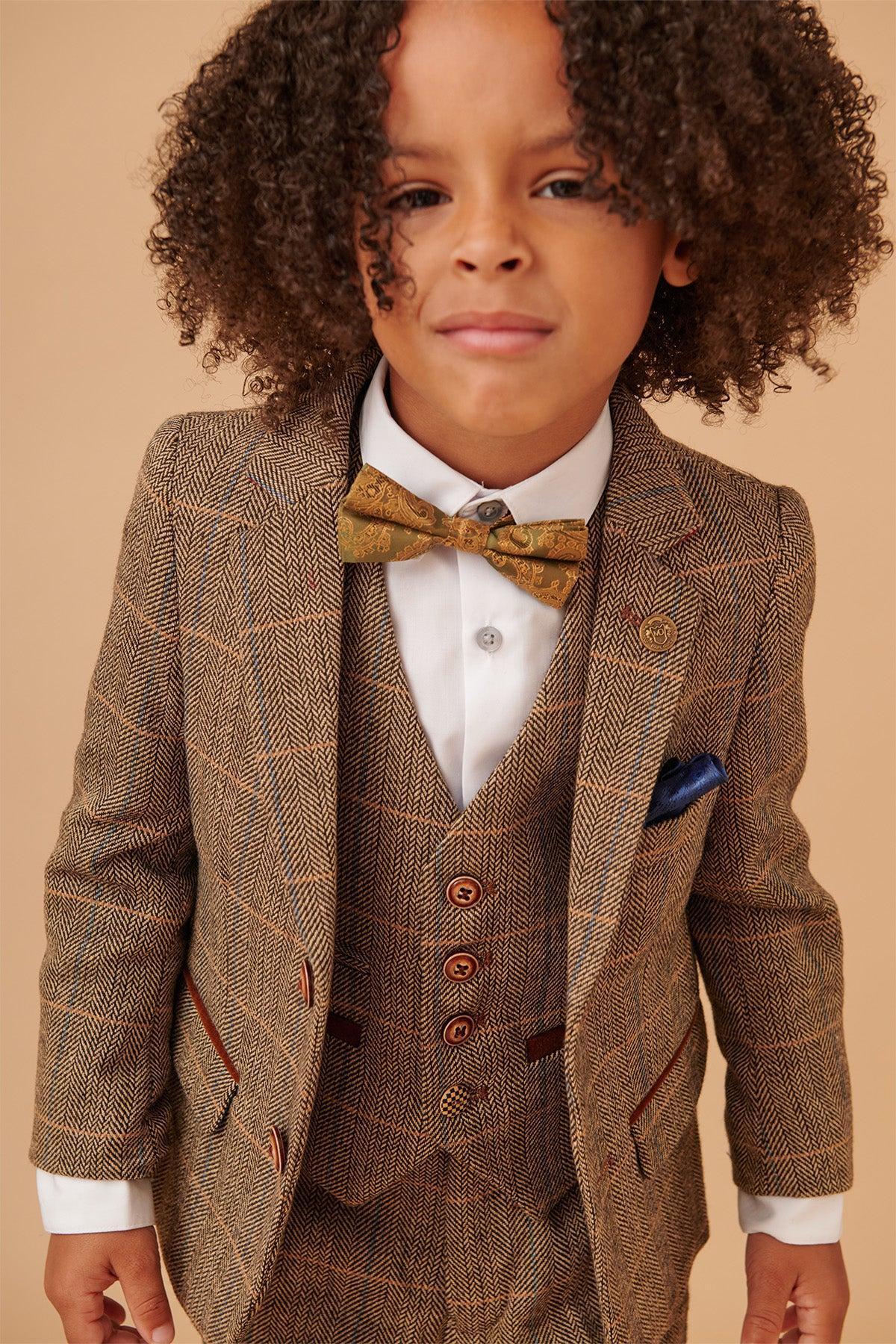 Ted - Childrens Tan Tweed Check Three Piece Suit