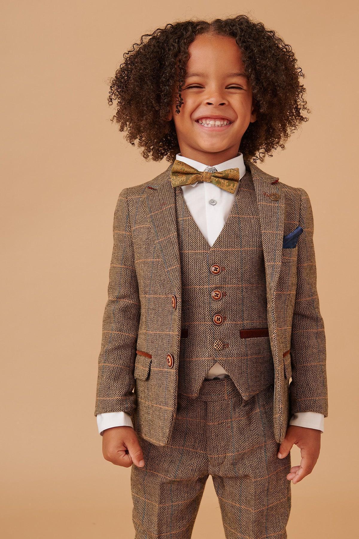 Ted - Childrens Tan Tweed Check Three Piece Suit