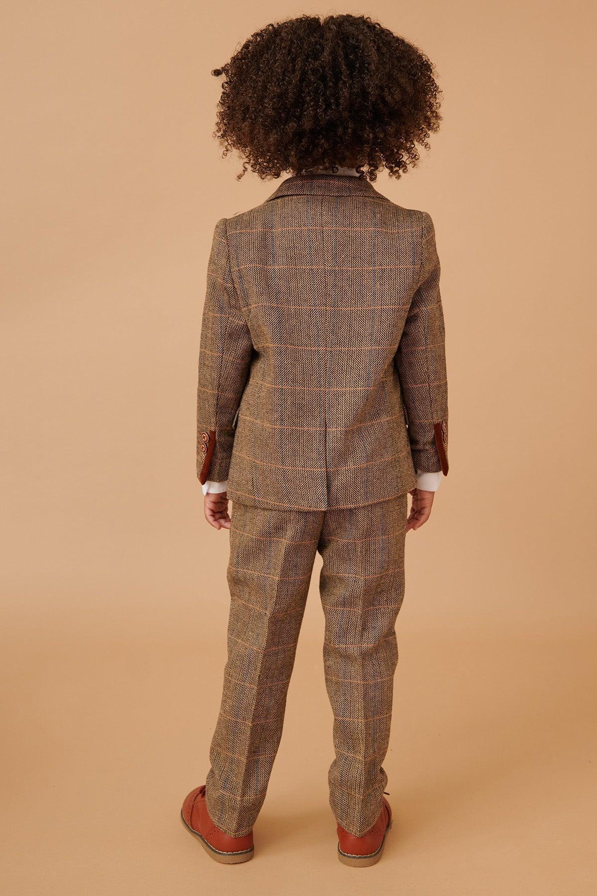 Ted - Childrens Tan Tweed Check Three Piece Suit