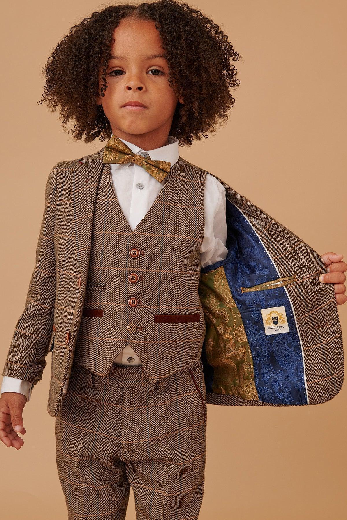 Ted - Childrens Tan Tweed Check Three Piece Suit