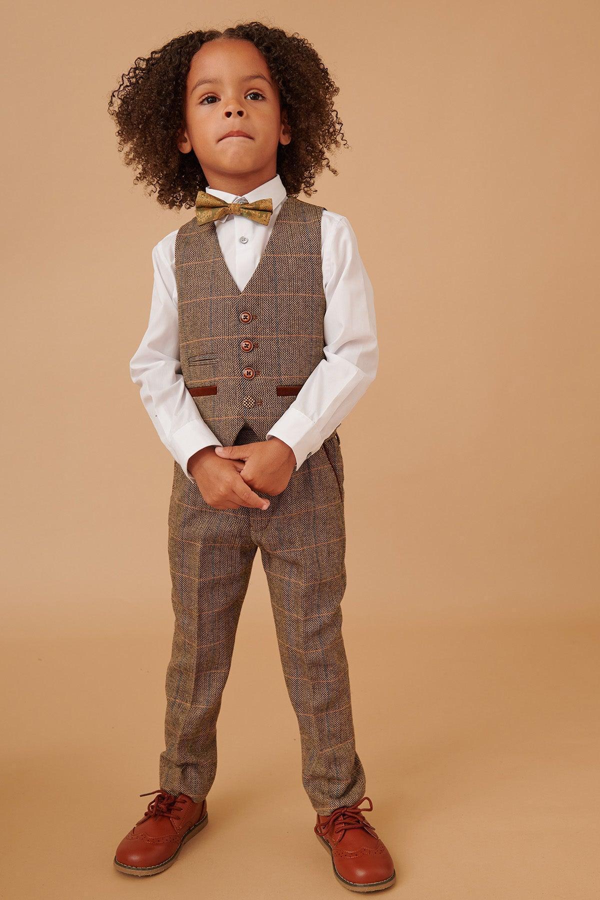 Ted - Childrens Tan Tweed Check Three Piece Suit