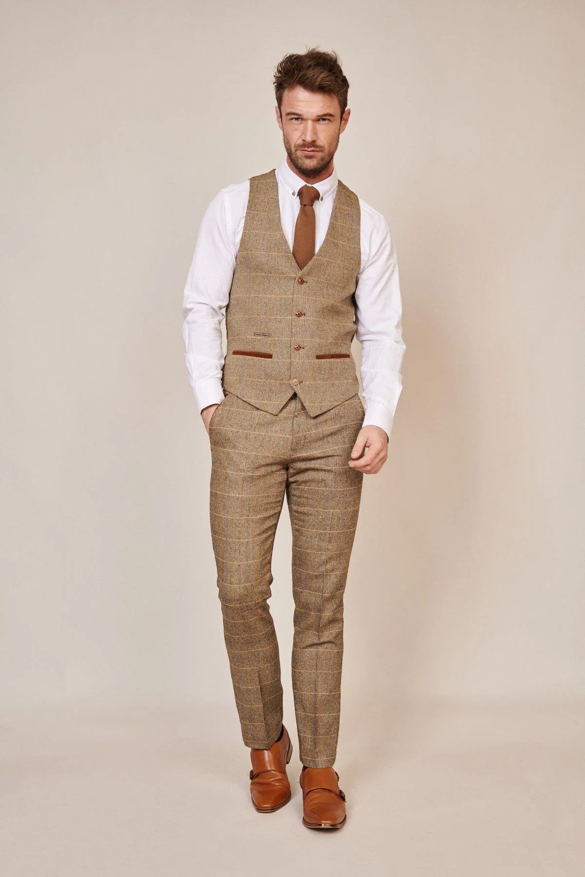 Ted - Tan Tweed Check Waistcoat