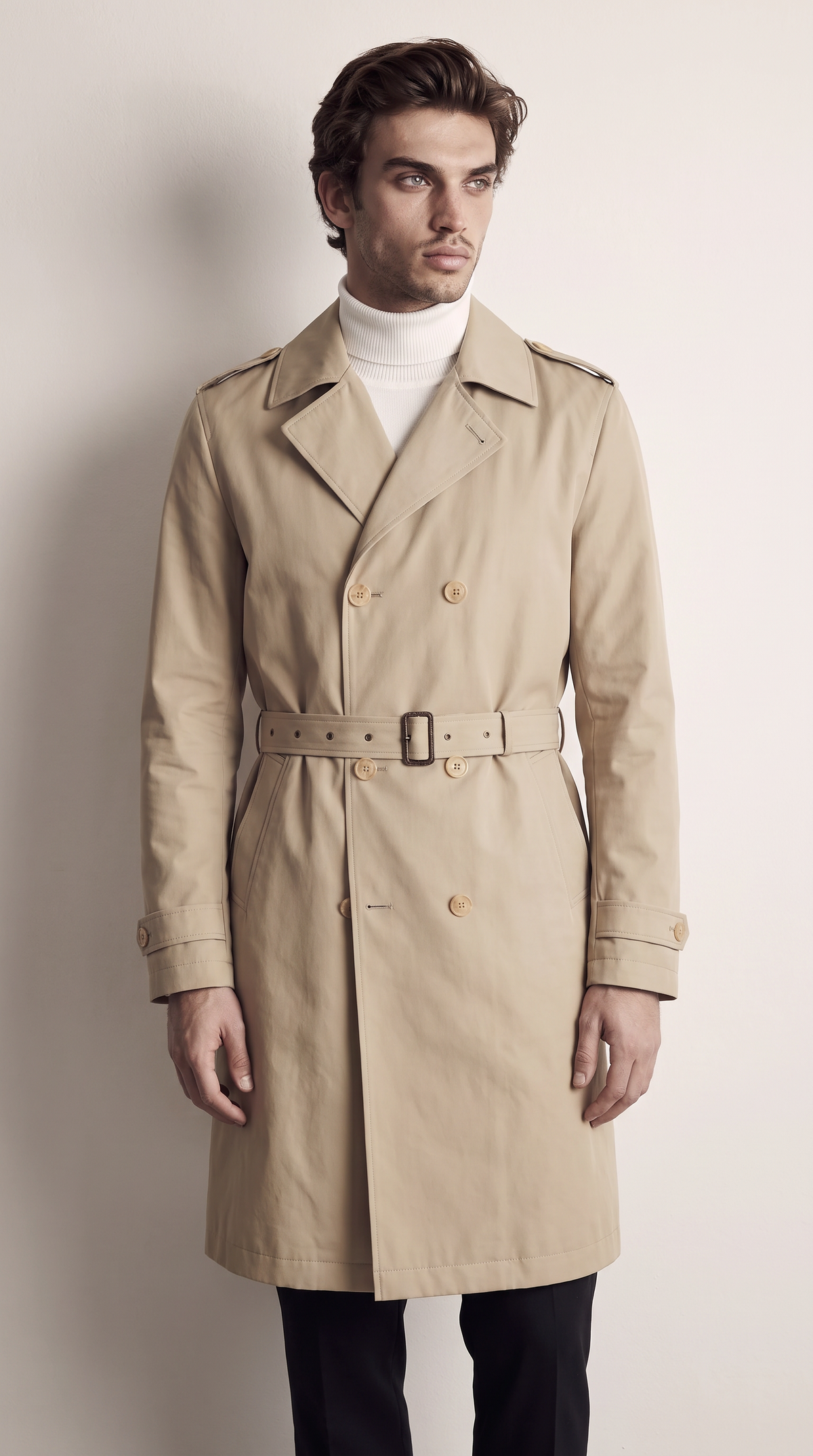 Men's beige double-breasted trench coat with belt, front view