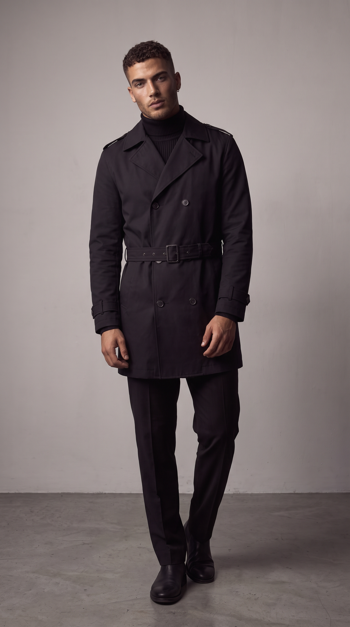 Men's black double-breasted trench coat, additional view 02