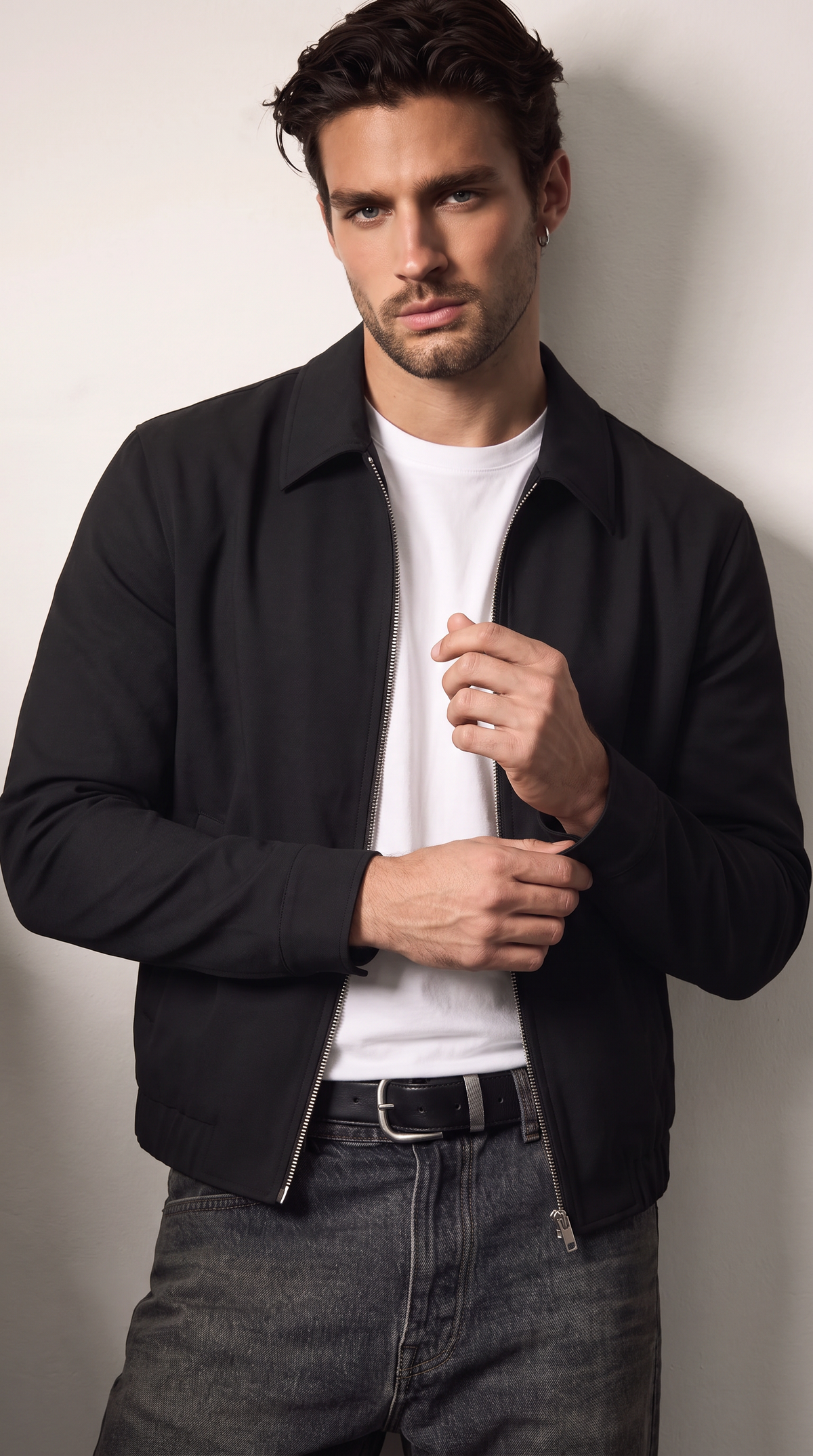 Men's black zip-up jacket with point collar, front view