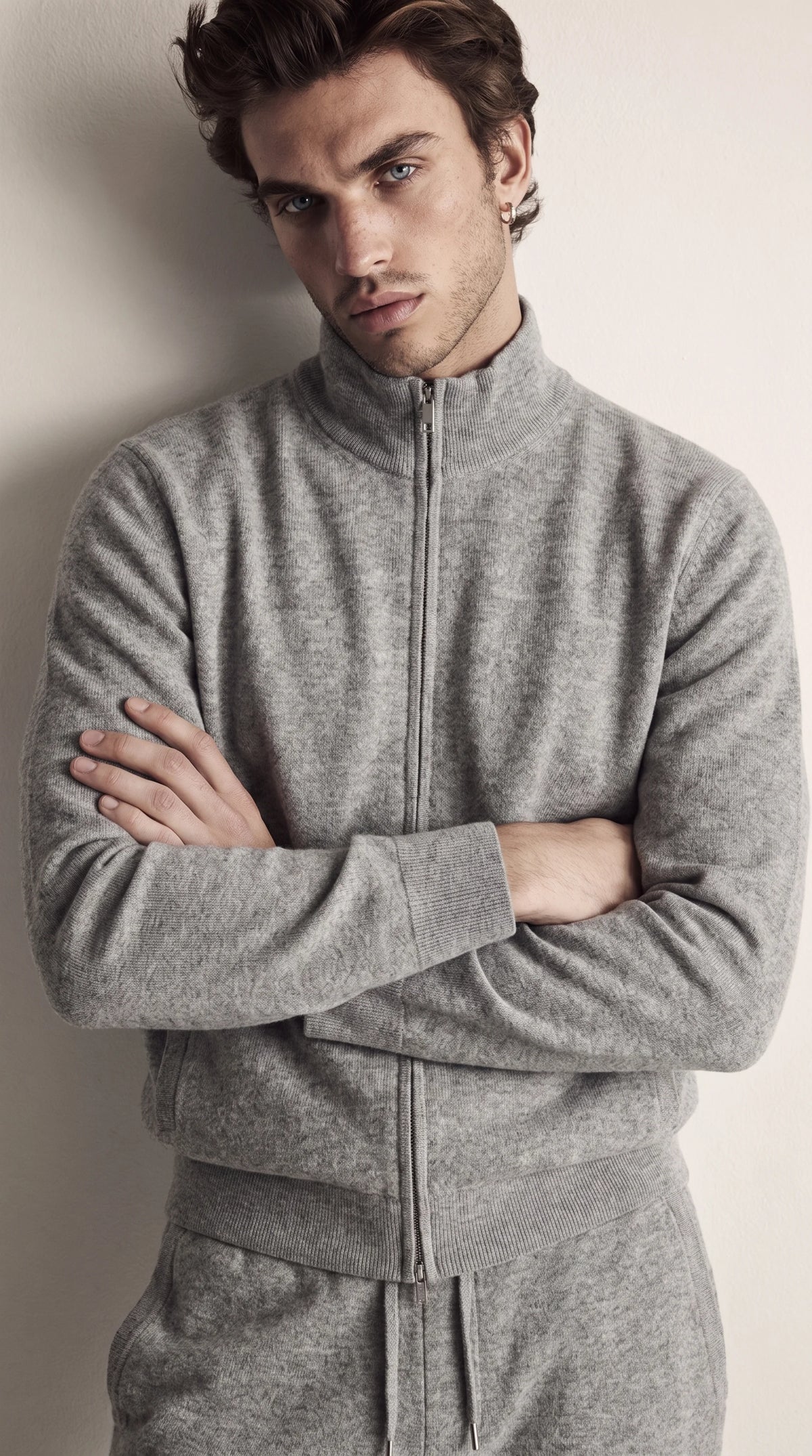 Men's grey zip jacket and matching drawstring trousers