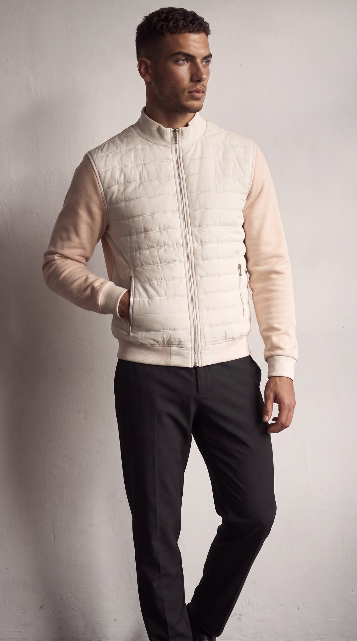 Men's Beige Hybrid Quilted Zip-Up Jacket