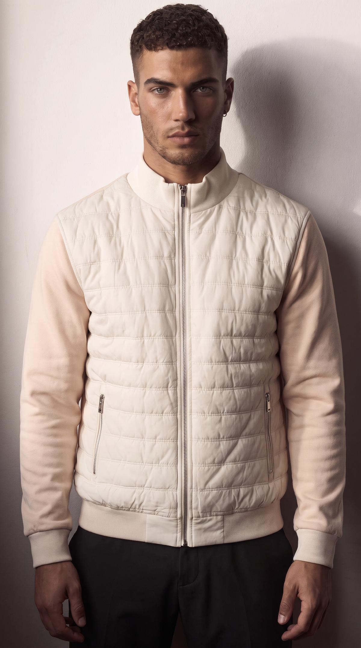Men's beige hybrid quilted zip-up jacket, additional view 02