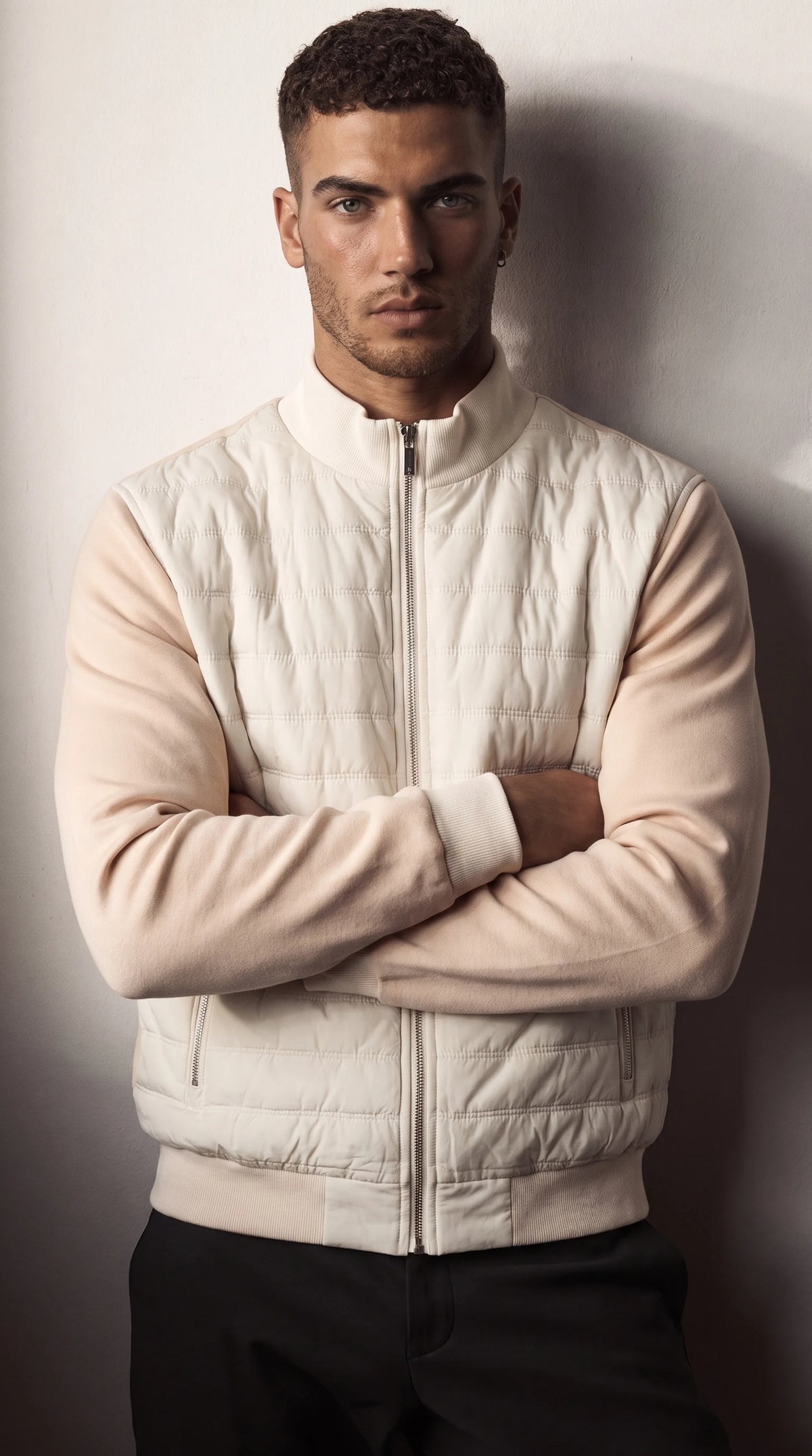 Men's beige hybrid quilted zip-up jacket, additional view 05