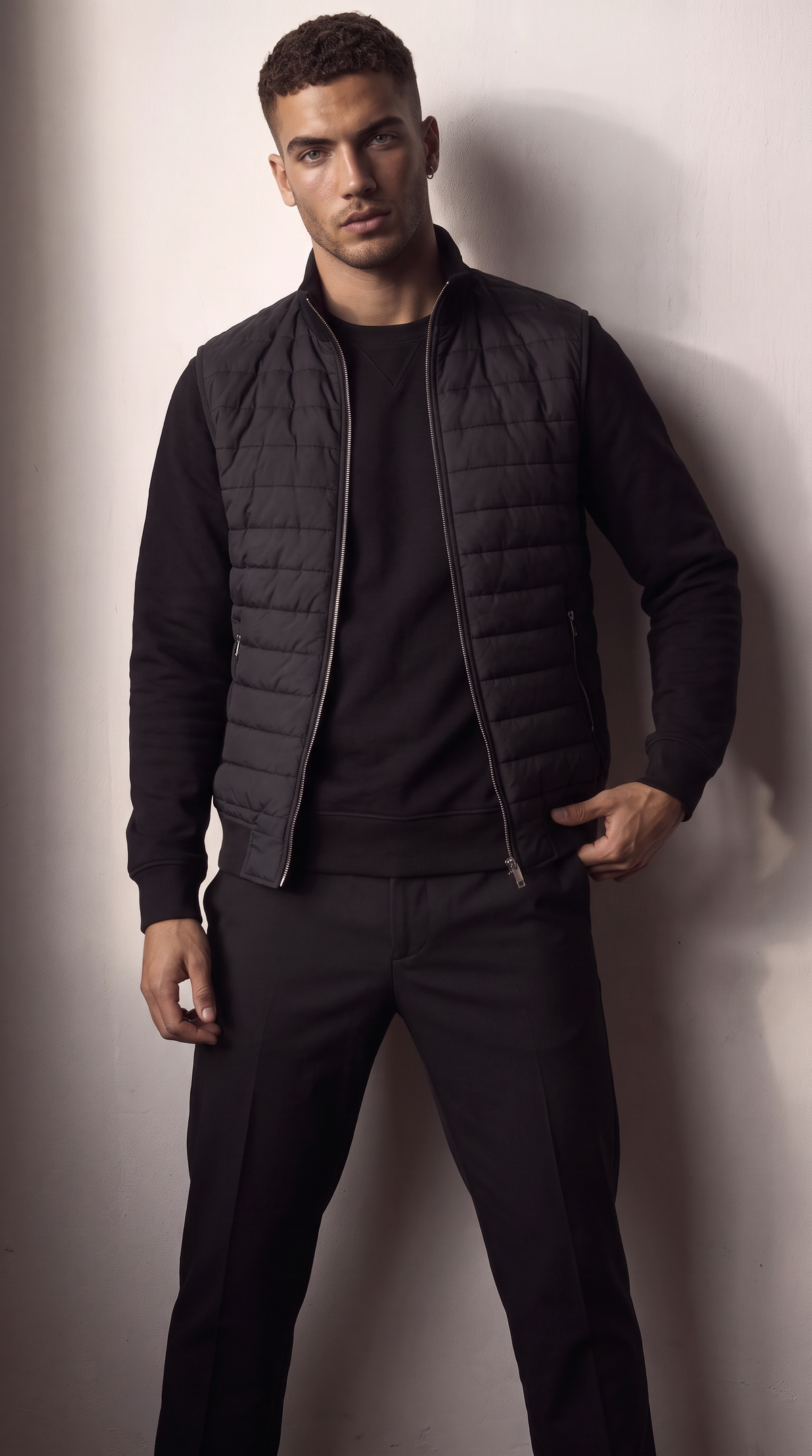 Men's Black Hybrid Quilted Zip-Up Jacket