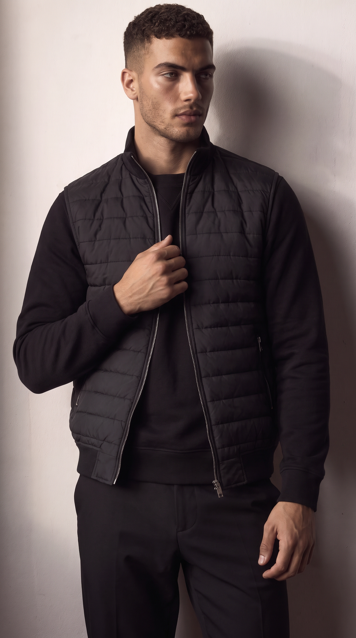 Men's black hybrid quilted zip-up jacket, additional view 02