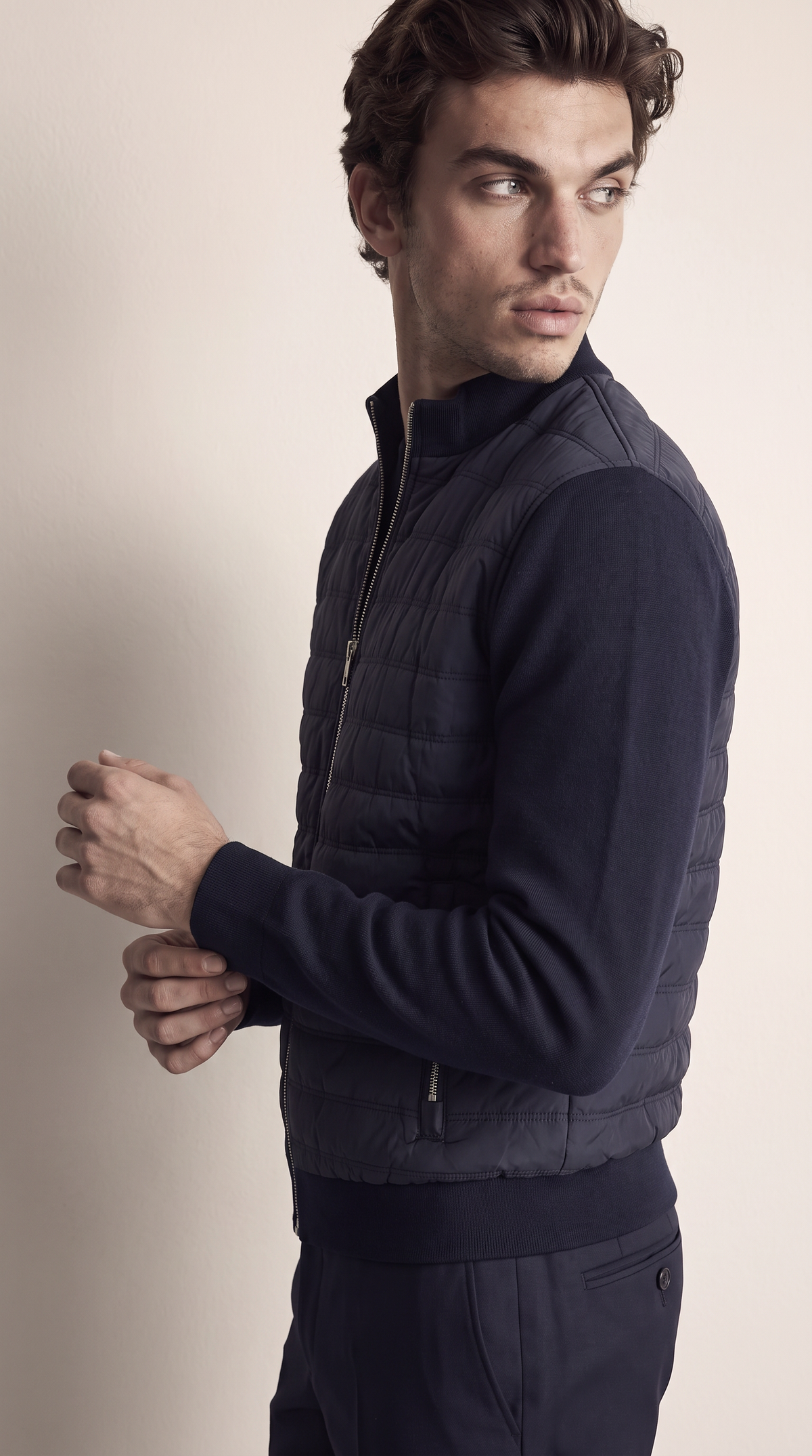 Men's navy hybrid quilted zip-up jacket, additional view 02