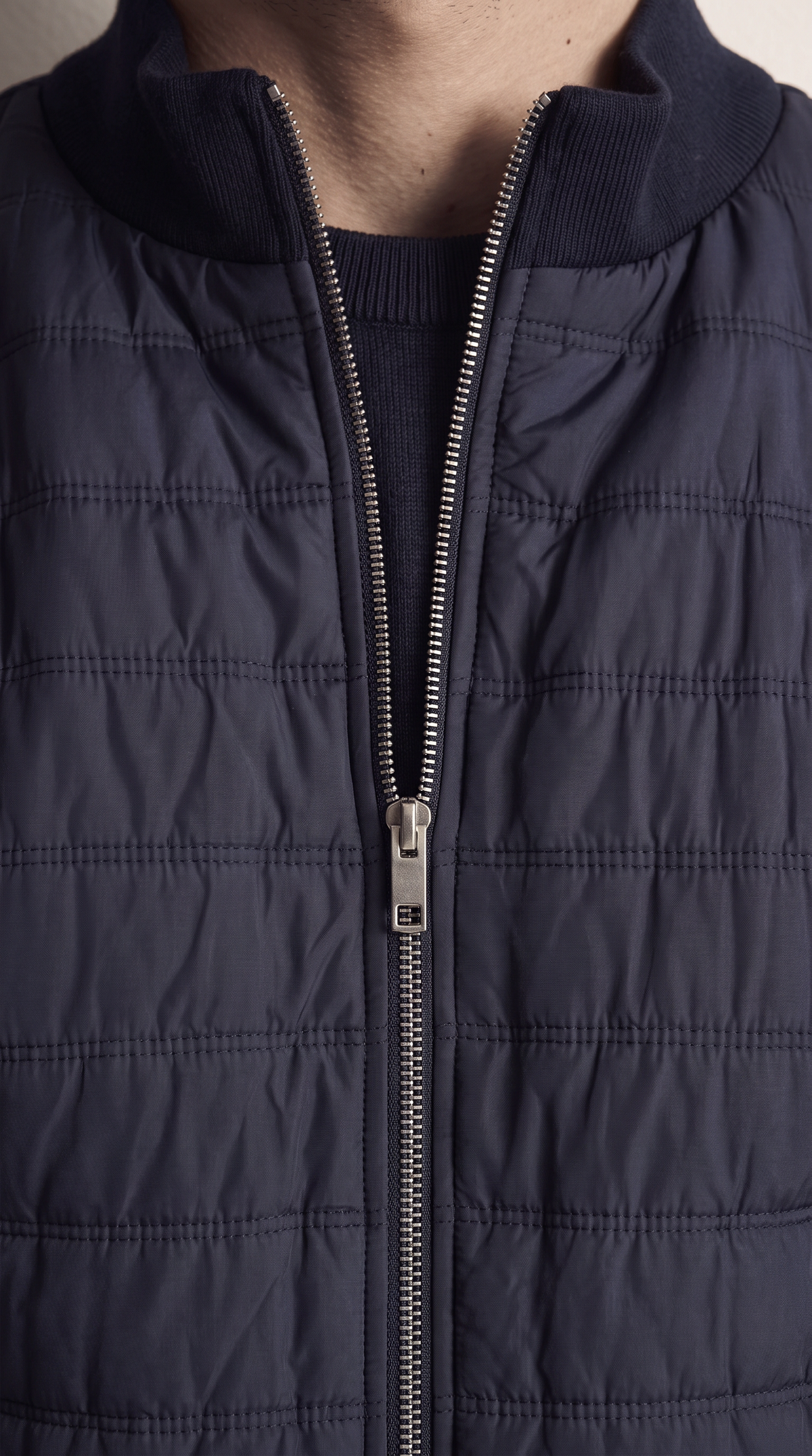 Men's navy hybrid quilted zip-up jacket, additional view 03