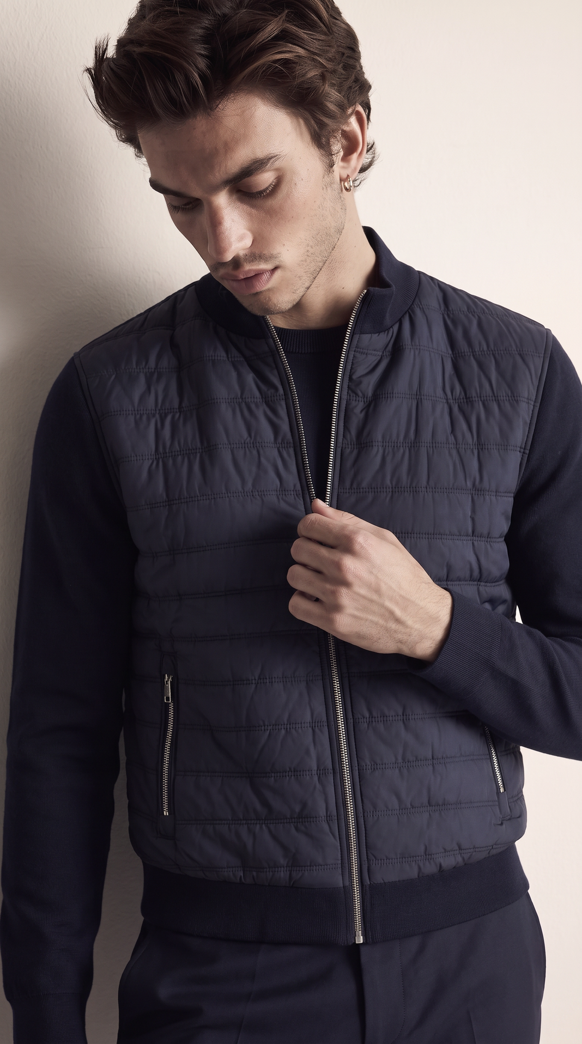 Men's navy hybrid quilted zip-up jacket, additional view 04