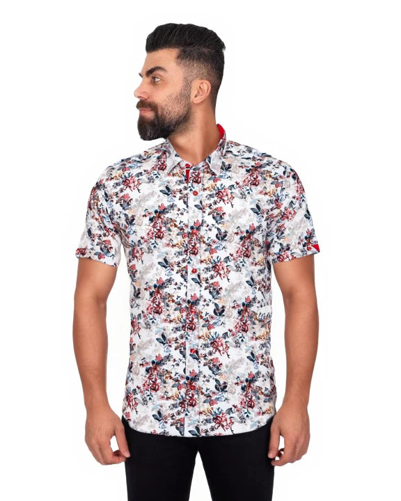 White Flower Print Short Sleeve Shirt