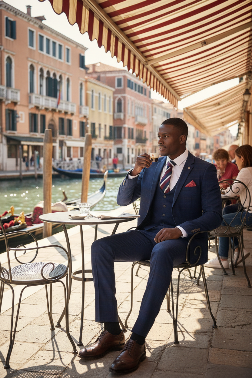 Edinson - Navy Wine Check Three Piece Suit